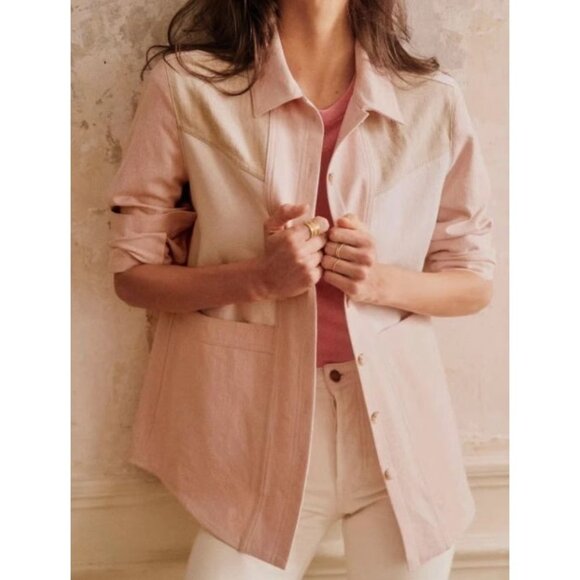 Sezane Jacket Womens XXS Will Denim Chore Coat Patchwork Ecru Pink Beige BUST34 - Picture 1 of 5